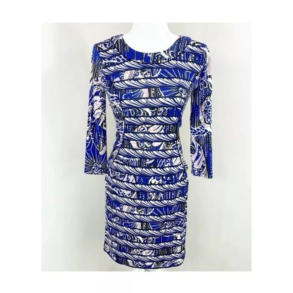 BCBG MAXAZRIA XS blue jersey knit sheath dress stretch 3/4 sleeve cocktail